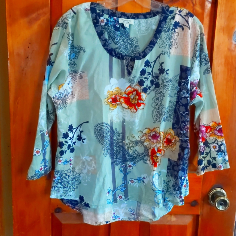 ORIENTIQUE* Ladies 100% cotton floral boho style 3/4 sleeve blouse tie front
